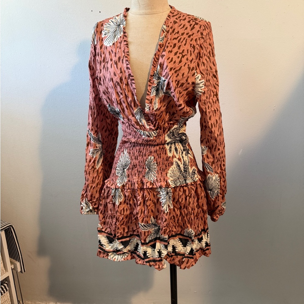 Surf Gypsy Brown and Red Ruffled Wrap Dress with Bishop Sleeves